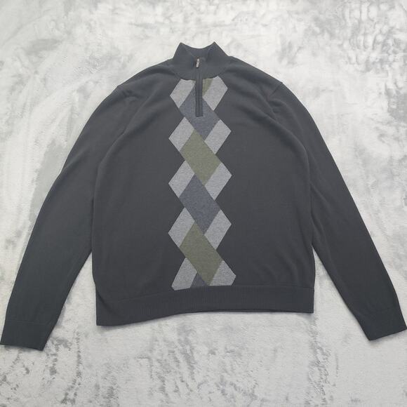 Alfani Sweater Mens L Black Gray Argyle 1/4 Zip Mock Neck Pullover Cotton Preppy - Picture 1 of 8